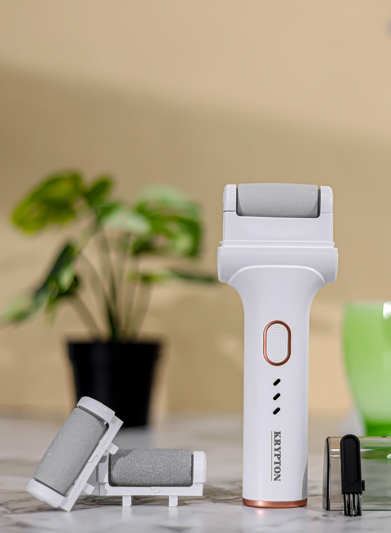 KRYPTON Rechargeable 3-in-1 Callus Remover - KNCL6581, Fast Charging with 360 Degree Rotating Head, 3 Grinding Heads, Includes Fine, Rough, Medium, Perfect for Smooth and Soft Feet WHITE 