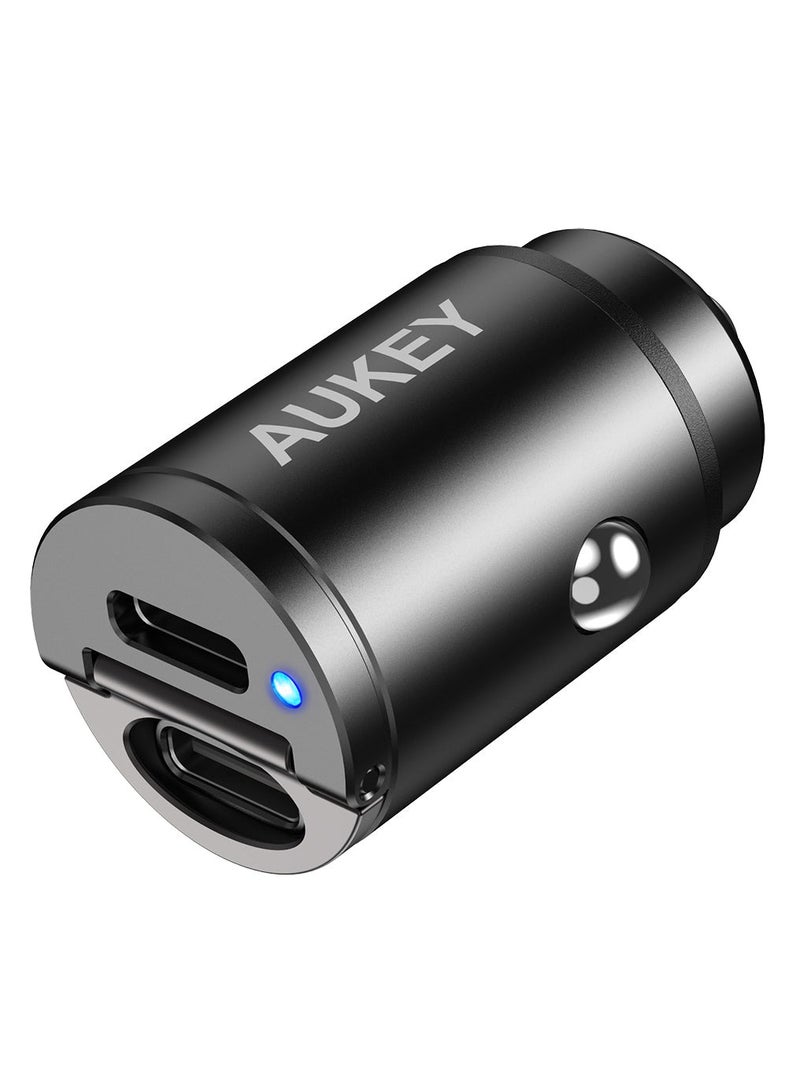 Aukey - CC-A4 Dual Port USB-C 30W PD Car Charger Black - Image 1