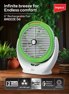 Impex 6 Inch Rechargeable Fan with 5W COB Light, 3.7V 2400mAh Li-ion Battery, Manual Rotary Function, Strong Wind Force, Type C Charging Port, 3 Stage Speed Control - Breeze D6 Green  - Image 2
