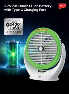 Impex 6 Inch Rechargeable Fan with 5W COB Light, 3.7V 2400mAh Li-ion Battery, Manual Rotary Function, Strong Wind Force, Type C Charging Port, 3 Stage Speed Control - Breeze D6 Green  - Image 4