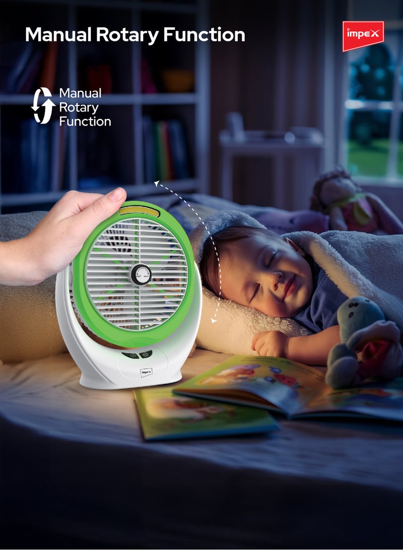 Impex 6 Inch Rechargeable Fan with 5W COB Light, 3.7V 2400mAh Li-ion Battery, Manual Rotary Function, Strong Wind Force, Type C Charging Port, 3 Stage Speed Control - Breeze D6 Green  - Image 3