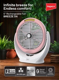 Impex 6 Inch Rechargeable Fan with 5W COB Light, 3.7V 2400mAh Li-ion Battery, Manual Rotary Function, Strong Wind Force, Type C Charging Port, 3 Stage Speed Control Breeze D6 Pink  - Image 2