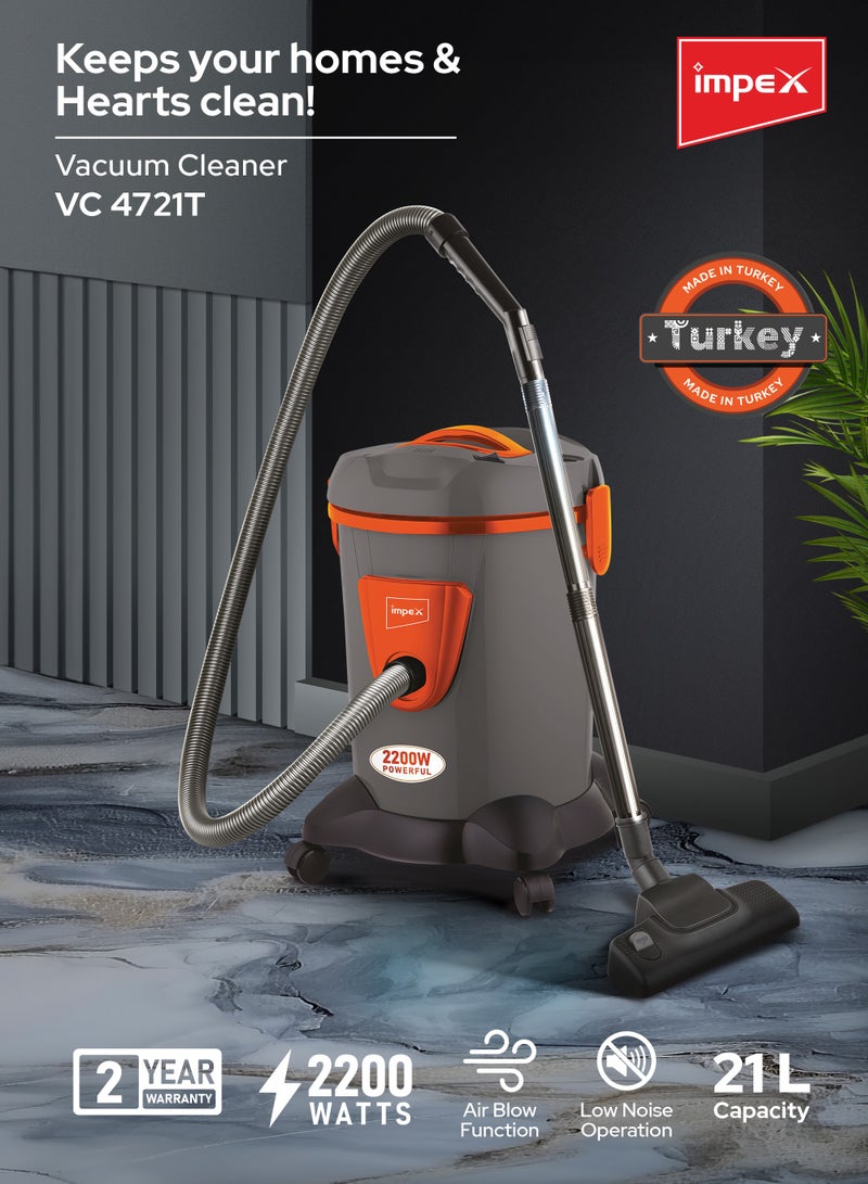 Impex Turkish Vacuum Cleaner 21L Dust Bag Capacity, SMS Filter & Cloth Dust Bag, Dust Indicator, Dry And Air Blow Function And Low Noise Operation, 21 L 2200 W VC 4721T Grey/Orange  - Image 2
