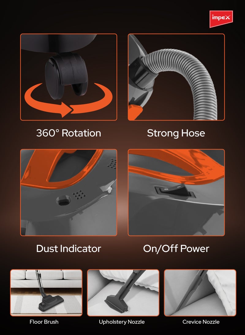 Turkish Vacuum Cleaner 21L Dust Bag Capacity, SMS Filter & Cloth Dust Bag, Dust Indicator, Dry And Air Blow Function And Low Noise Operation, 21 L 2200 W VC 4721T Grey/Orange