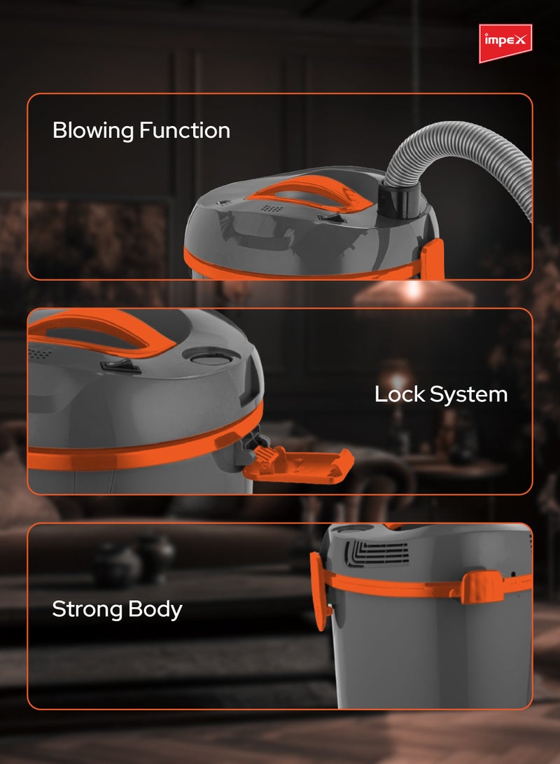 Impex Turkish Vacuum Cleaner 21L Dust Bag Capacity, SMS Filter & Cloth Dust Bag, Dust Indicator, Dry And Air Blow Function And Low Noise Operation, 21 L 2200 W VC 4721T Grey/Orange  - Image 5