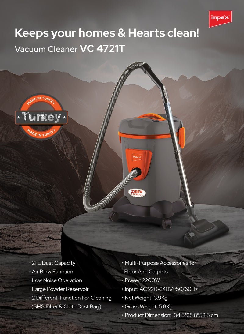 Turkish Vacuum Cleaner 21L Dust Bag Capacity, SMS Filter & Cloth Dust Bag, Dust Indicator, Dry And Air Blow Function And Low Noise Operation, 21 L 2200 W VC 4721T Grey/Orange