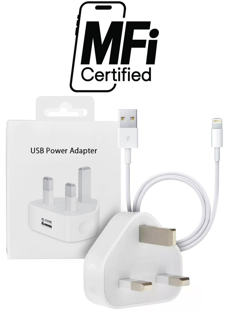 MARGOUN - (For Apple iPhone 14 Pro Max) Reliable 3-Pin Charger Adapter with 1m USB-A to Lightning Cable White - Image 1