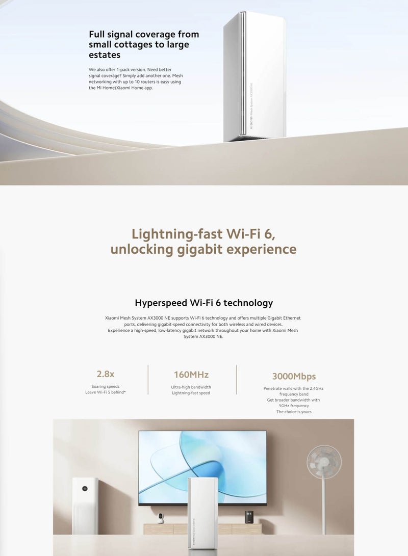 Xiaomi - Mesh System AX3000 NE 1-Pack,WiFi 6 5GHz + 2.4GHz Mesh System Router-RD28 White - Image 1