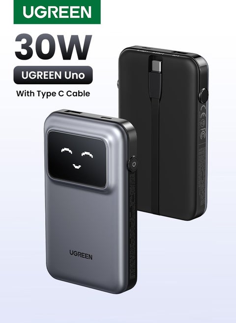 10000 mAh Uno Power Bank With USB Type C Cable Fast Charging Output Portable Charger Smart Screen Display With Vivid Emojis and Real-time Power Display Battery Pack for iPhone 16 15 Pro Max Space Gray
