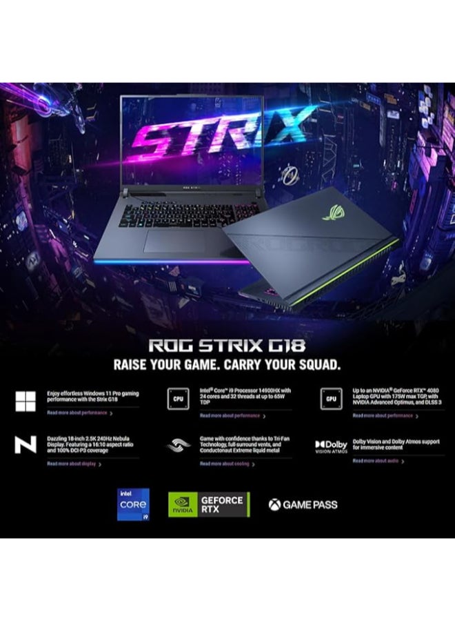 ROG Strix G18 Laptop With 18-Inch WQXGA (2560x1600) Display IPS, Core i9-14900HX Processor/32GB DDR5 RAM/2TB SSD/8GB NVIDIA GeForce RTX 4080 Graphics/Windows 11 Pro/ English/Arabic Grey