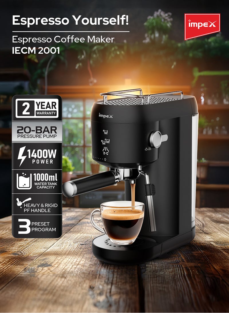 Impex - Espresso Coffee Maker,20 Bar Coffee Machine 1 Litter,3 Preset Programs, Auto Shut-Off, Espresso, Cappuccino, Latte Maker, 1 L 1400 W IECM 2001 Black - Image 1