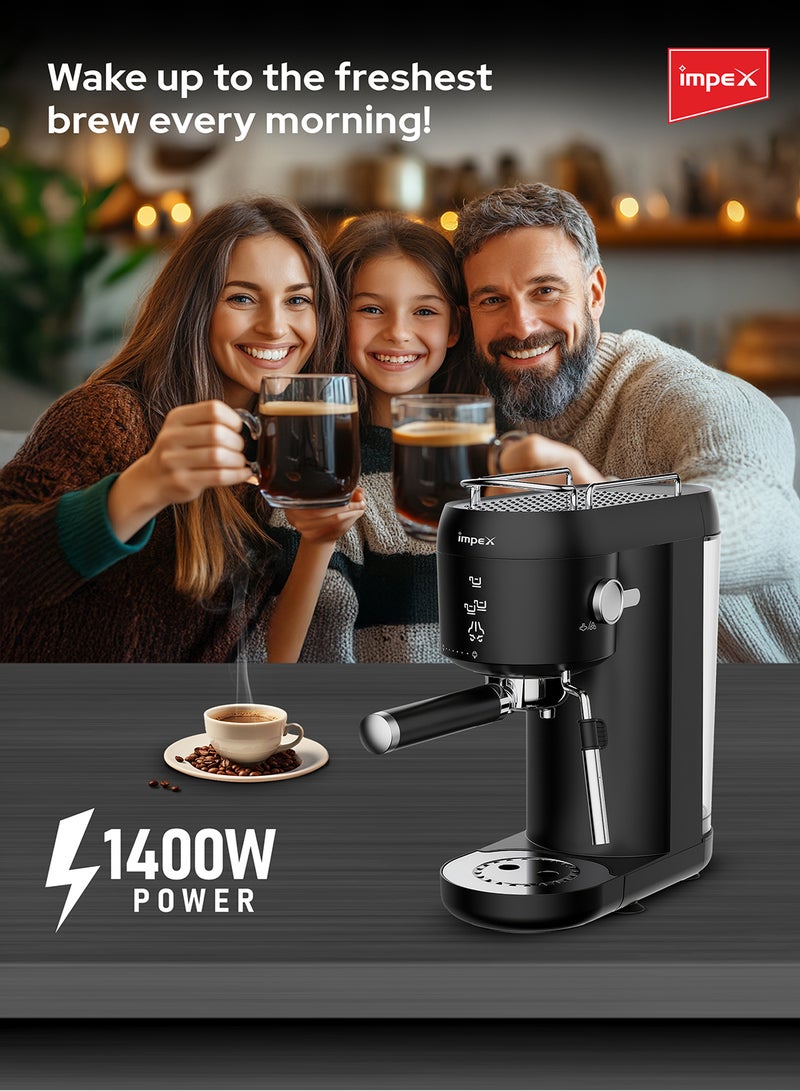 Impex - Espresso Coffee Maker,20 Bar Coffee Machine 1 Litter,3 Preset Programs, Auto Shut-Off, Espresso, Cappuccino, Latte Maker, 1 L 1400 W IECM 2001 Black - Image 1