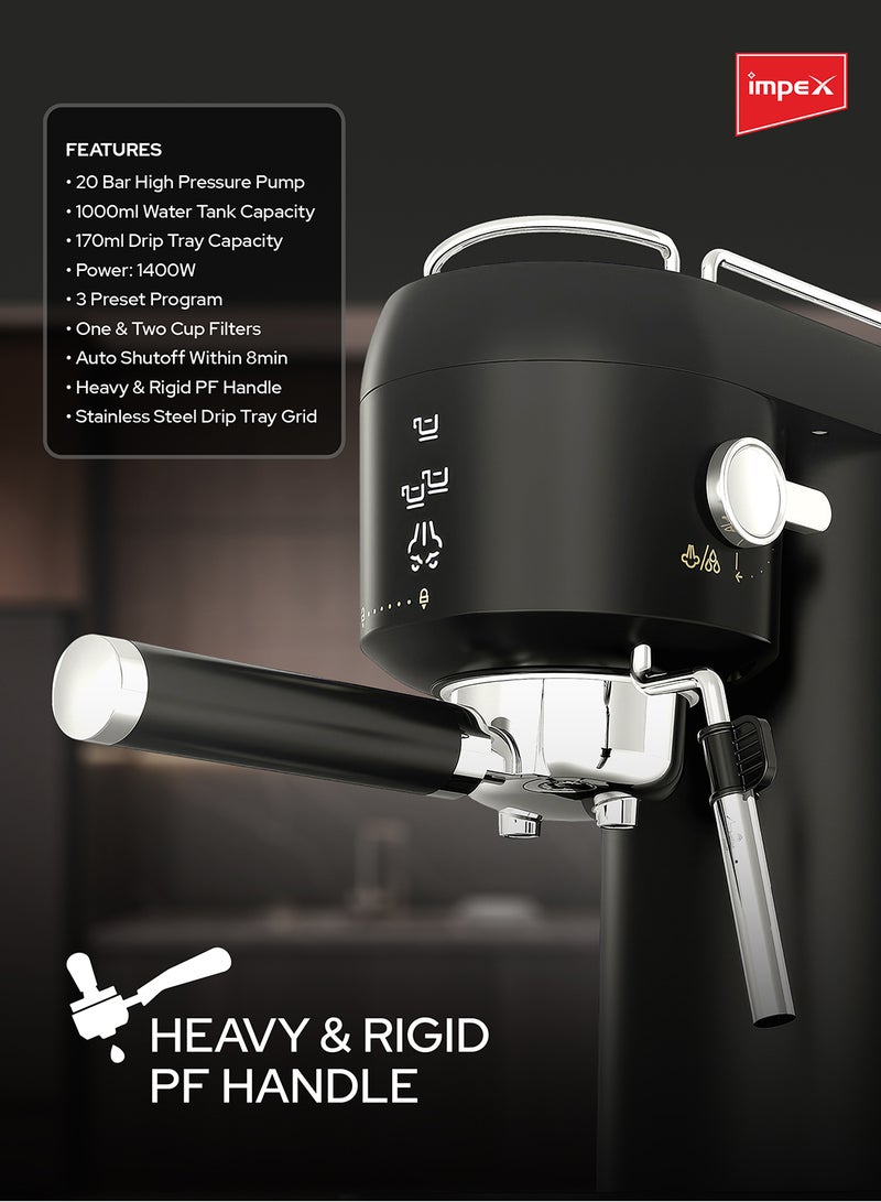 Impex - Espresso Coffee Maker,20 Bar Coffee Machine 1 Litter,3 Preset Programs, Auto Shut-Off, Espresso, Cappuccino, Latte Maker, 1 L 1400 W IECM 2001 Black - Image 1