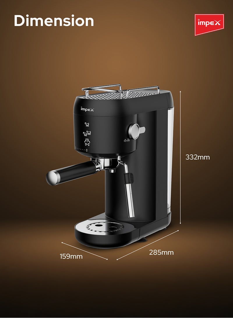 Impex - Espresso Coffee Maker,20 Bar Coffee Machine 1 Litter,3 Preset Programs, Auto Shut-Off, Espresso, Cappuccino, Latte Maker, 1 L 1400 W IECM 2001 Black - Image 1