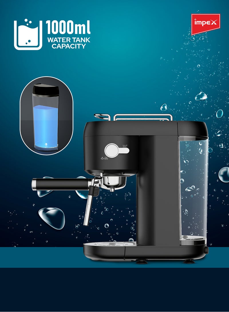 Impex - Espresso Coffee Maker,20 Bar Coffee Machine 1 Litter,3 Preset Programs, Auto Shut-Off, Espresso, Cappuccino, Latte Maker, 1 L 1400 W IECM 2001 Black - Image 1