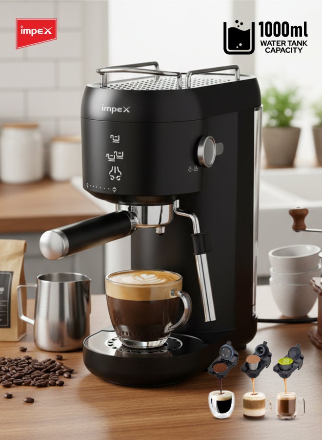 Impex Espresso Coffee Maker,20 Bar Coffee Machine 1 Litter,3 Preset Programs, Auto Shut-Off, Espresso, Cappuccino, Latte Maker, 1 L 1400 W IECM 2001 Black - Image 1