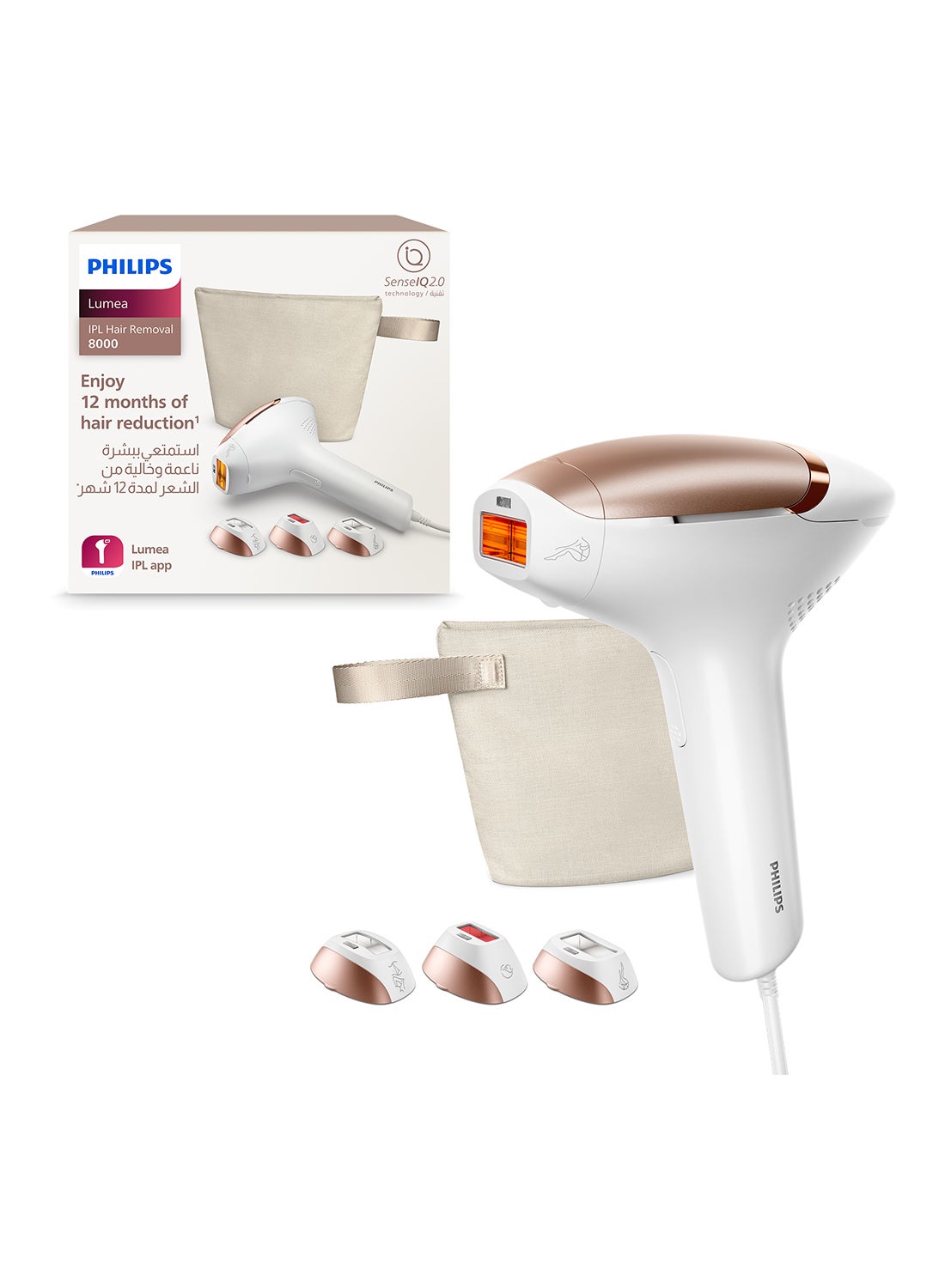 Philips Lumea 8000 Series IPL Hair Removal Device SmartSkin Sensor Clinically Proven Performance 3 Attachments  BRI937/02 White/Gloden Rose 