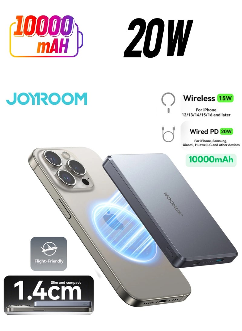 جوي روم 10000 mAh 20W Ultra-thin Metal Magnetic Wireless Type-C & Lighnting Power Bank Fast Charging Wireless Magnetic Power Bank Including a Type-C to Type-C 60W 0.25m Grey  - Image 1