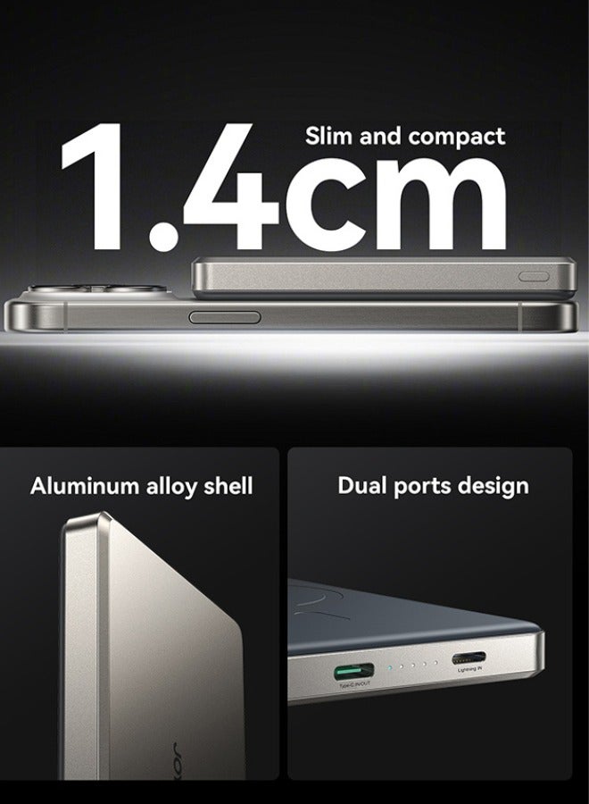 جوي روم 10000 mAh 20W Ultra-thin Metal Magnetic Wireless Type-C & Lighnting Power Bank Fast Charging Wireless Magnetic Power Bank Including a Type-C to Type-C 60W 0.25m Cable Titanium Silver  - Image 3