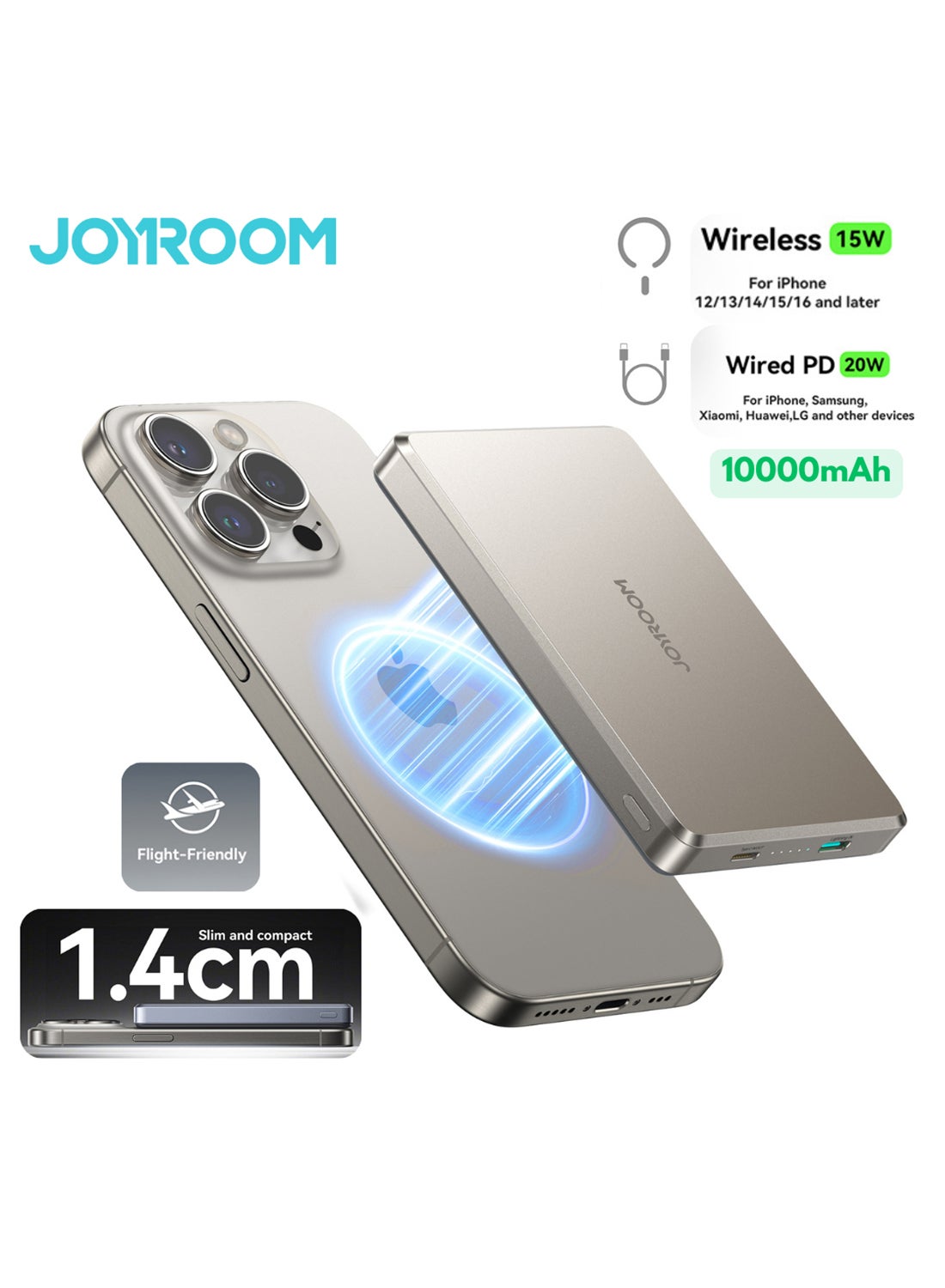 جوي روم 10000 mAh 20W Ultra-thin Metal Magnetic Wireless Type-C & Lighnting Power Bank Fast Charging Wireless Magnetic Power Bank Including a Type-C to Type-C 60W 0.25m Cable Titanium Silver 