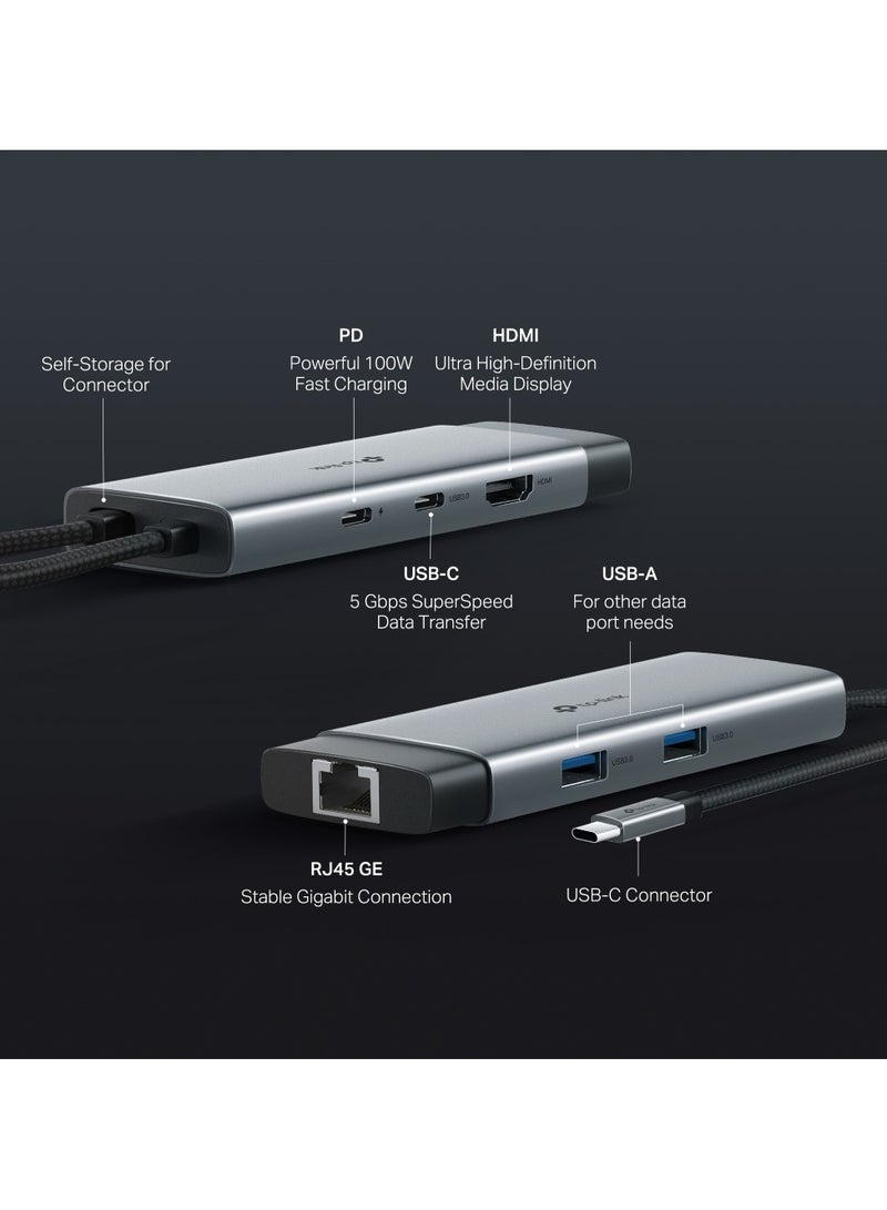 TP-LINK - UH6120C USB C Hub PD100W, 4K 60Hz HDMI, 1× USB C 5Gbps, 2× USB A 5Gbps, Gigabit Ethernet, Compatible with MacOS, Windows, Linux, iPad OS, iOS, Android, ChromeOS, Nintendo Grey - Image 1