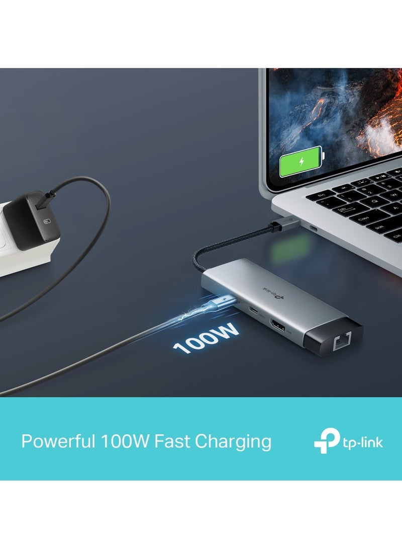 TP-LINK - UH6120C USB C Hub PD100W, 4K 60Hz HDMI, 1× USB C 5Gbps, 2× USB A 5Gbps, Gigabit Ethernet, Compatible with MacOS, Windows, Linux, iPad OS, iOS, Android, ChromeOS, Nintendo Grey - Image 1