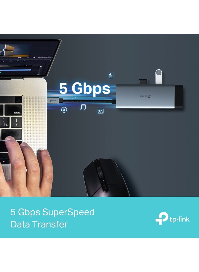 TP-LINK - UH6120C USB C Hub PD100W, 4K 60Hz HDMI, 1× USB C 5Gbps, 2× USB A 5Gbps, Gigabit Ethernet, Compatible with MacOS, Windows, Linux, iPad OS, iOS, Android, ChromeOS, Nintendo Grey - Image 1