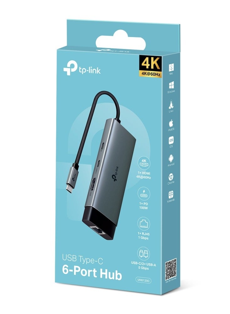 TP-LINK - UH6120C USB C Hub PD100W, 4K 60Hz HDMI, 1× USB C 5Gbps, 2× USB A 5Gbps, Gigabit Ethernet, Compatible with MacOS, Windows, Linux, iPad OS, iOS, Android, ChromeOS, Nintendo Grey - Image 1