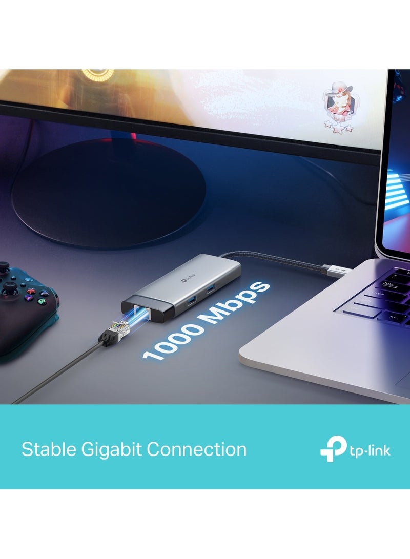TP-LINK - UH6120C USB C Hub PD100W, 4K 60Hz HDMI, 1× USB C 5Gbps, 2× USB A 5Gbps, Gigabit Ethernet, Compatible with MacOS, Windows, Linux, iPad OS, iOS, Android, ChromeOS, Nintendo Grey - Image 1