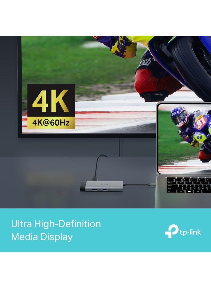 TP-LINK - UH6120C USB C Hub PD100W, 4K 60Hz HDMI, 1× USB C 5Gbps, 2× USB A 5Gbps, Gigabit Ethernet, Compatible with MacOS, Windows, Linux, iPad OS, iOS, Android, ChromeOS, Nintendo Grey - Image 1