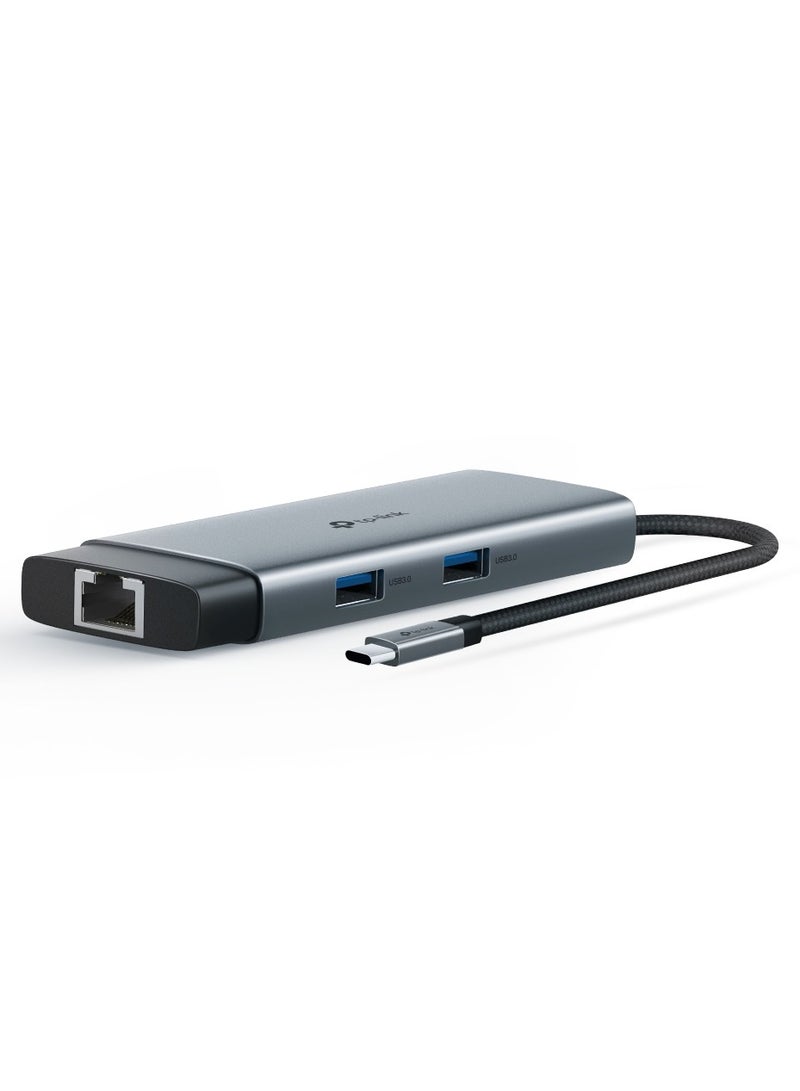 TP-LINK - UH6120C USB C Hub PD100W, 4K 60Hz HDMI, 1× USB C 5Gbps, 2× USB A 5Gbps, Gigabit Ethernet, Compatible with MacOS, Windows, Linux, iPad OS, iOS, Android, ChromeOS, Nintendo Grey - Image 1
