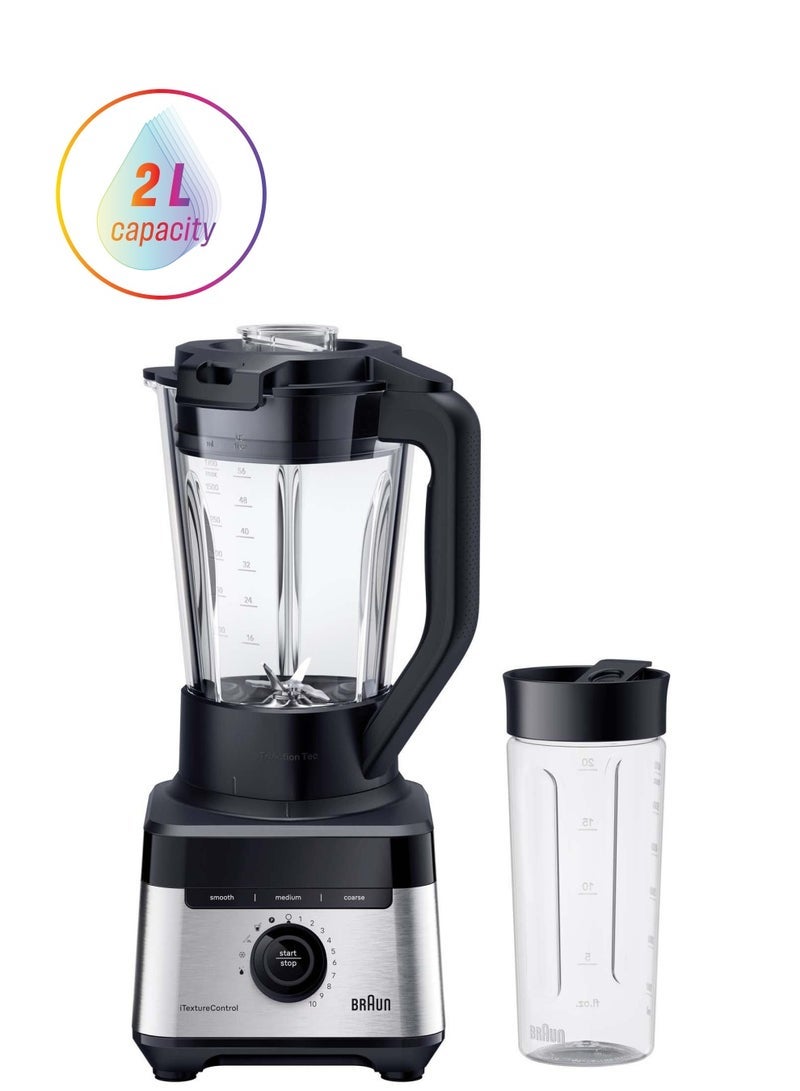 BRAUN Power Blender7, Glass Jug, 30K rpm Motor, 10 Speeds, 9 Food Programs, Smoothie program with Tritan bottle 600ml, TriAction Technology, 10 Speed, Pulse Function, PrecisionCrush Blade, Clean Program 2 L 1400 W JB7551BK Black & Silver - Image 1