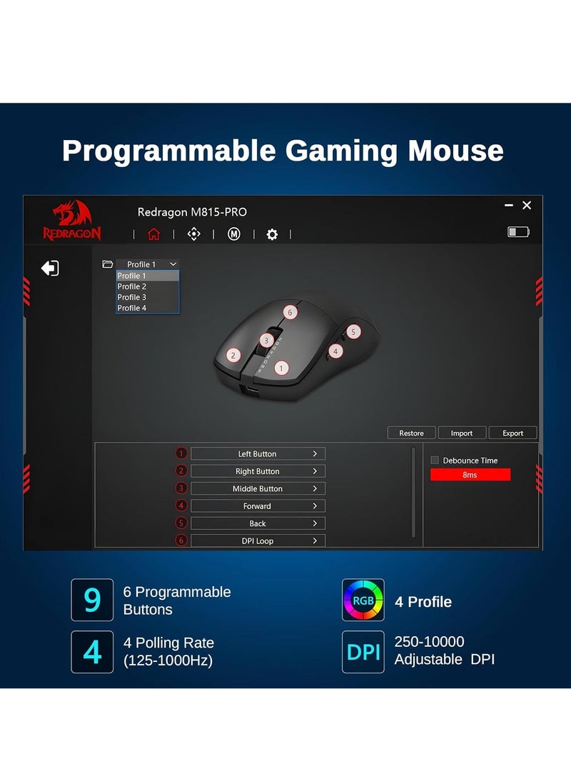 REDRAGON - Wireless Gaming Mouse M815 PRO With 3 Modes, 26K DPI Ultralight Gaming Mouse, Full Programmable Buttons, DIY Key binds Supported Software and Adjustable DPI - Image 1