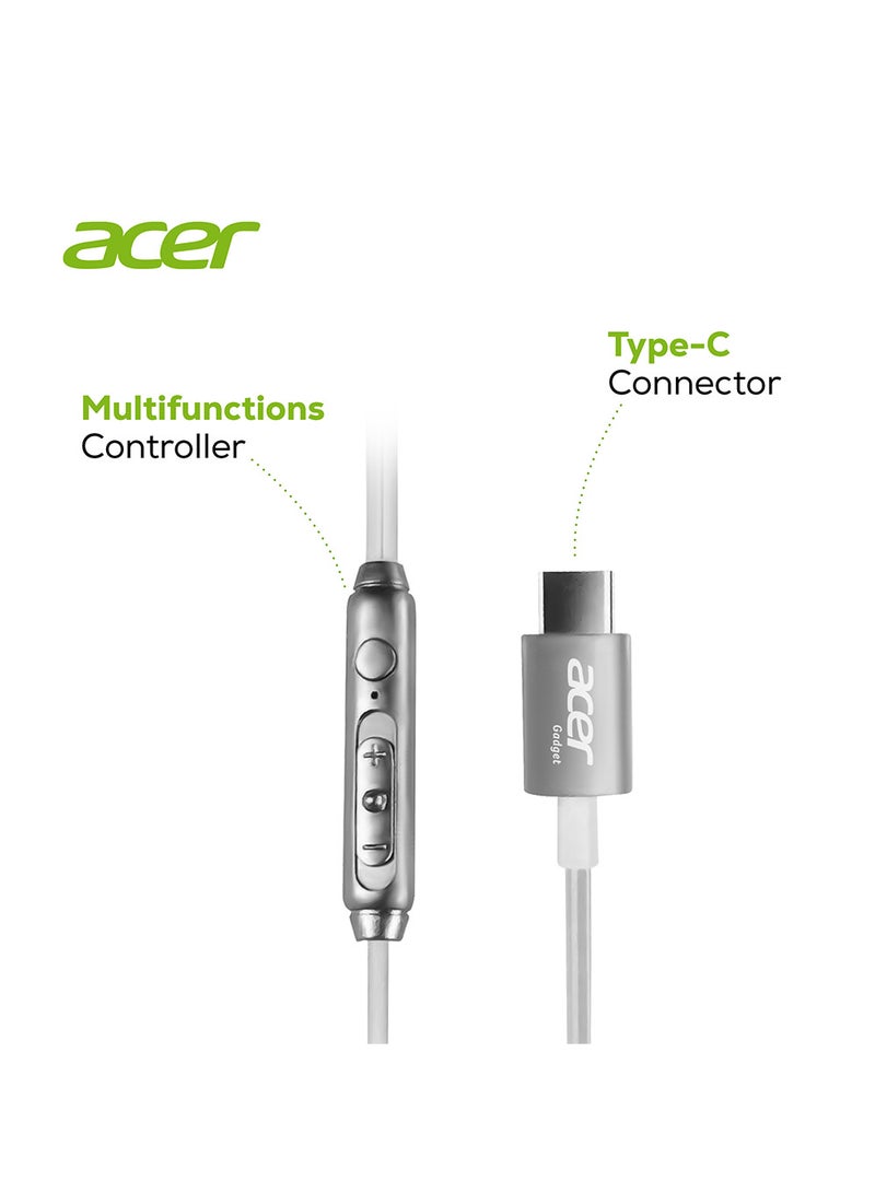Acer Wired stereo Type-C headphone, Pure Bass, Tangle Free, Comfy Wear compatible for iPhone 16/15 series Samsung S24/23 ultra series, White White - Image 4