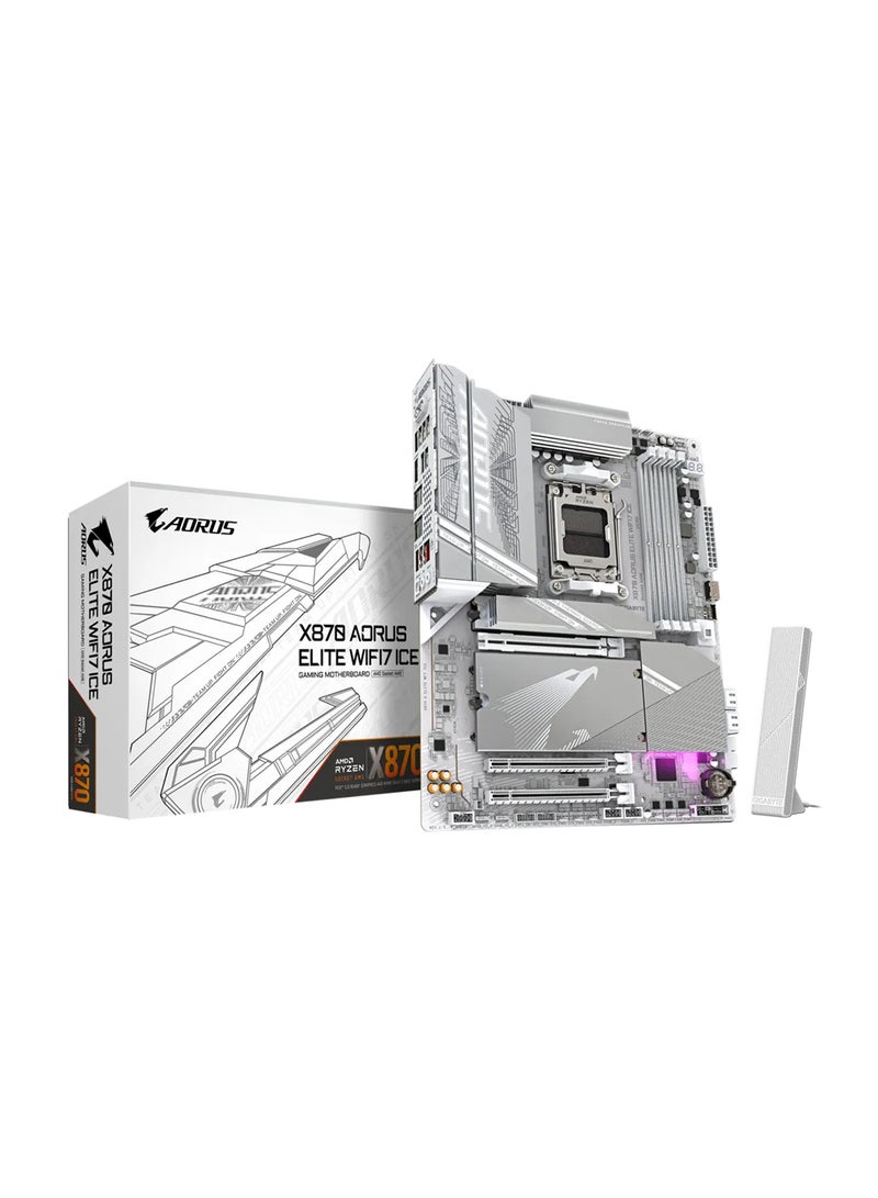 GIGABYTE - X870 AORUS ELITE WIFI7 ICE ATX Motherboard, AMD Socket AM5, Supports Ryzen™ 9000/8000/7000 Series, PCIe 5.0, 16+2+2 Phases VRM, 4x DDR5 DIMM (Up to 256GB), Wi-Fi 7 with 2.5GbE LAN, 4x M.2 Slots, USB4, HDMI 2.1, Realtek ALC1220 Audio, RGB Support, EZ-Latch Plus, M.2 Thermal Guard, Advanced Thermal Armor, EZ-Plug for Wi-Fi Antenna, Smart Fan & Water Cooling Control, Q-Flash Plus, Dual USB-C, Quad-Display Support, RAIDXpert Storage, and AMD EXPO/XMP Overclocking | X870 AORUS ELITE WIFI7 ICE White - Image 1
