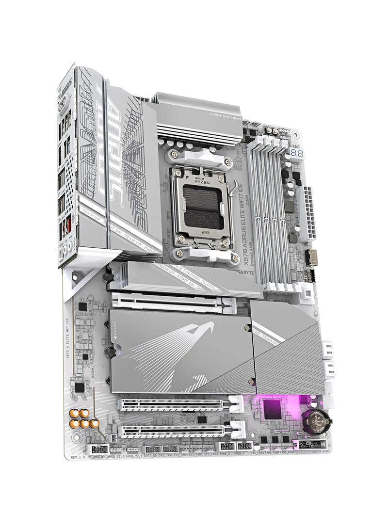 GIGABYTE - X870 AORUS ELITE WIFI7 ICE ATX Motherboard, AMD Socket AM5, Supports Ryzen™ 9000/8000/7000 Series, PCIe 5.0, 16+2+2 Phases VRM, 4x DDR5 DIMM (Up to 256GB), Wi-Fi 7 with 2.5GbE LAN, 4x M.2 Slots, USB4, HDMI 2.1, Realtek ALC1220 Audio, RGB Support, EZ-Latch Plus, M.2 Thermal Guard, Advanced Thermal Armor, EZ-Plug for Wi-Fi Antenna, Smart Fan & Water Cooling Control, Q-Flash Plus, Dual USB-C, Quad-Display Support, RAIDXpert Storage, and AMD EXPO/XMP Overclocking | X870 AORUS ELITE WIFI7 ICE White - Image 1