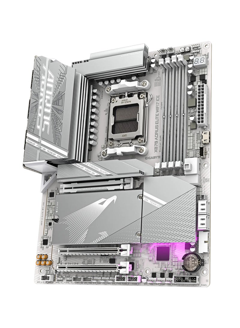 GIGABYTE - X870 AORUS ELITE WIFI7 ICE ATX Motherboard, AMD Socket AM5, Supports Ryzen™ 9000/8000/7000 Series, PCIe 5.0, 16+2+2 Phases VRM, 4x DDR5 DIMM (Up to 256GB), Wi-Fi 7 with 2.5GbE LAN, 4x M.2 Slots, USB4, HDMI 2.1, Realtek ALC1220 Audio, RGB Support, EZ-Latch Plus, M.2 Thermal Guard, Advanced Thermal Armor, EZ-Plug for Wi-Fi Antenna, Smart Fan & Water Cooling Control, Q-Flash Plus, Dual USB-C, Quad-Display Support, RAIDXpert Storage, and AMD EXPO/XMP Overclocking | X870 AORUS ELITE WIFI7 ICE White - Image 1