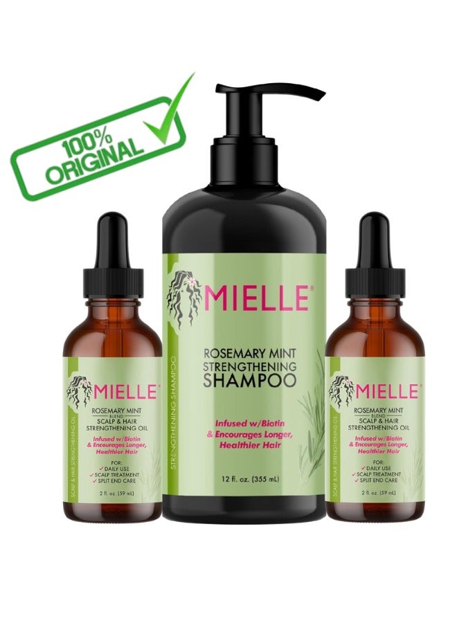 MIELLE Organics Rosemary Mint Strengthening Set 2 Oils + Shampoo Infused With Biotin Cleanses And Helps Strengthen Weak And Brittle Hair 473mlml  - Image 1