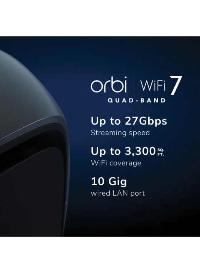 NETGEAR - ORBI 970 SERIES QUAD-BAND WIFI 7 MESH ADD-ON SATELLITE - Works with Existing 970 Series Mesh System or Router - Adds Coverage up to 3,300 sq. ft. - BE27000 802.11be – Satellite Black - Image 1
