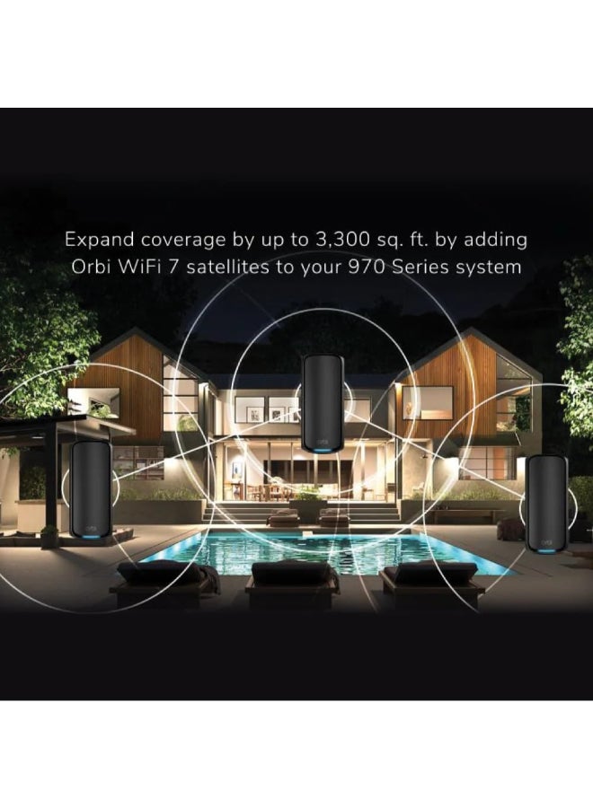 NETGEAR - ORBI 970 SERIES QUAD-BAND WIFI 7 MESH ADD-ON SATELLITE - Works with Existing 970 Series Mesh System or Router - Adds Coverage up to 3,300 sq. ft. - BE27000 802.11be – Satellite Black - Image 1