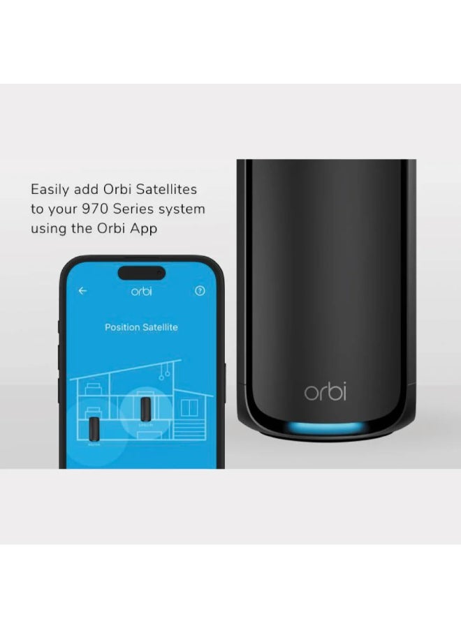 NETGEAR - ORBI 970 SERIES QUAD-BAND WIFI 7 MESH ADD-ON SATELLITE - Works with Existing 970 Series Mesh System or Router - Adds Coverage up to 3,300 sq. ft. - BE27000 802.11be – Satellite Black - Image 1