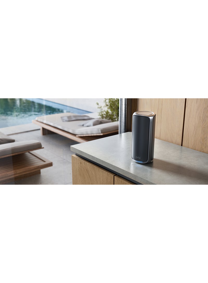 NETGEAR - ORBI 970 SERIES QUAD-BAND WIFI 7 MESH ADD-ON SATELLITE - Works with Existing 970 Series Mesh System or Router - Adds Coverage up to 3,300 sq. ft. - BE27000 802.11be – Satellite Black - Image 1