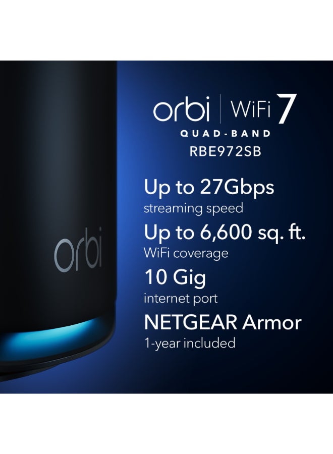 NETGEAR - ORBI 970 SERIES QUAD-BAND WIFI 7 MESH NETWORK SYSTEM, Router + 1 Satellite Extender, Covers Up to 6,600 sq. ft., 200 Devices, 10 Gig Internet Port, BE27000 802.11be (Up to 27Gbps) – 2 PACK Black - Image 1