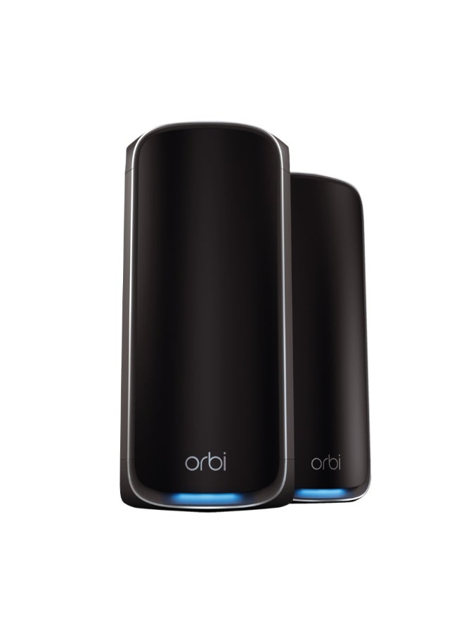 NETGEAR - ORBI 970 SERIES QUAD-BAND WIFI 7 MESH NETWORK SYSTEM, Router + 1 Satellite Extender, Covers Up to 6,600 sq. ft., 200 Devices, 10 Gig Internet Port, BE27000 802.11be (Up to 27Gbps) – 2 PACK Black - Image 1