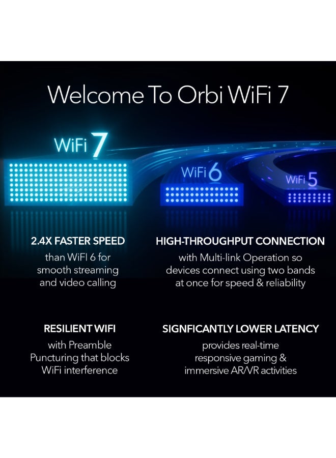 NETGEAR - ORBI 970 SERIES QUAD-BAND WIFI 7 MESH NETWORK SYSTEM, Router + 1 Satellite Extender, Covers Up to 6,600 sq. ft., 200 Devices, 10 Gig Internet Port, BE27000 802.11be (Up to 27Gbps) – 2 PACK Black - Image 1