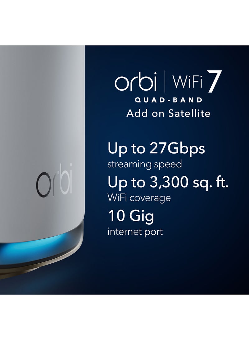 NETGEAR - ORBI 970 SERIES QUAD-BAND WIFI 7 MESH ADD-ON SATELLITE - Works with Existing 970 Series Mesh System or Router - Adds Coverage up to 3,300 sq. ft. - BE27000 802.11be – Satellite White - Image 1
