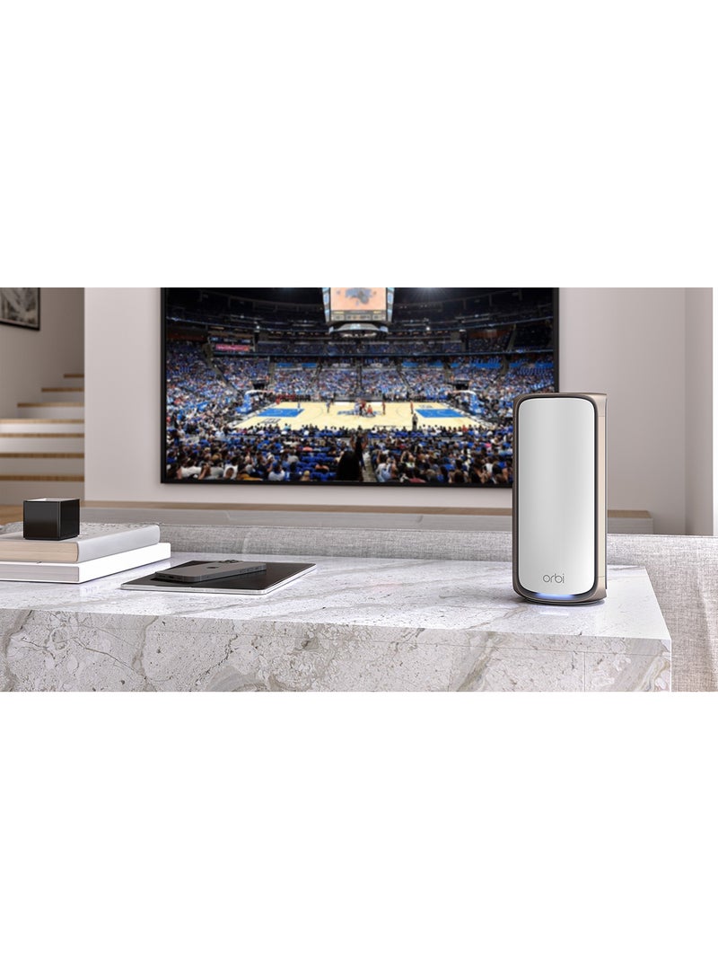 NETGEAR - ORBI 970 SERIES QUAD-BAND WIFI 7 MESH ADD-ON SATELLITE - Works with Existing 970 Series Mesh System or Router - Adds Coverage up to 3,300 sq. ft. - BE27000 802.11be – Satellite White - Image 1
