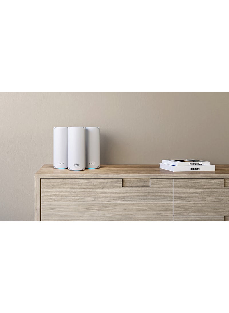NETGEAR - ORBI 770 SERIES TRI-BAND WIFI 7 MESH SYSTEM - Router + 2 Satellite Extenders - Covers up to 8,000 sq. ft., 100 Devices - 2.5 Gig Internet Port - BE11000 802.11be (up to 11Gbps) – 3 PACK White - Image 1