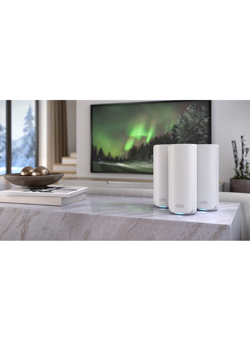 NETGEAR - ORBI 770 SERIES TRI-BAND WIFI 7 MESH SYSTEM - Router + 2 Satellite Extenders - Covers up to 8,000 sq. ft., 100 Devices - 2.5 Gig Internet Port - BE11000 802.11be (up to 11Gbps) – 3 PACK White - Image 1