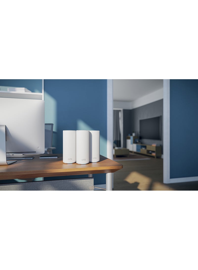 NETGEAR - ORBI 770 SERIES TRI-BAND WIFI 7 MESH SYSTEM - Router + 2 Satellite Extenders - Covers up to 8,000 sq. ft., 100 Devices - 2.5 Gig Internet Port - BE11000 802.11be (up to 11Gbps) – 3 PACK White - Image 1